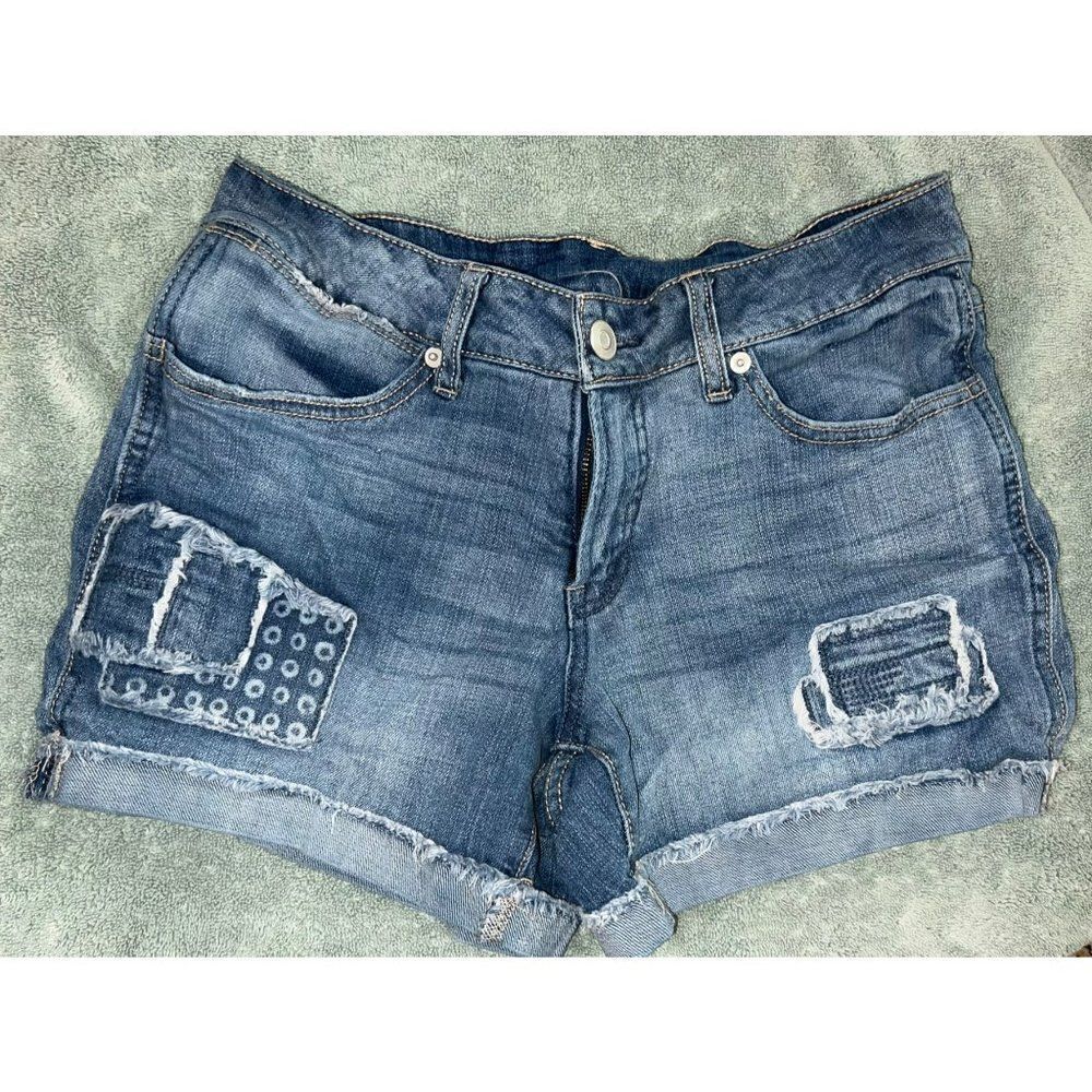 Patchwork Jean Rolled Hem Mid-rise Shorts
